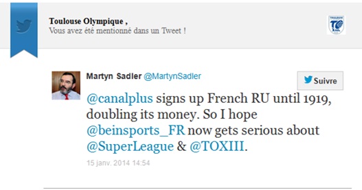 Tweet de Martyn Sadler du 15.01.14