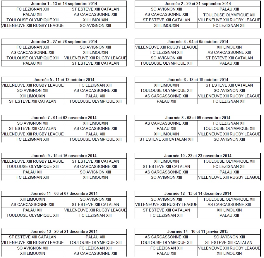 Calendrier 2014-2015 Elite 1