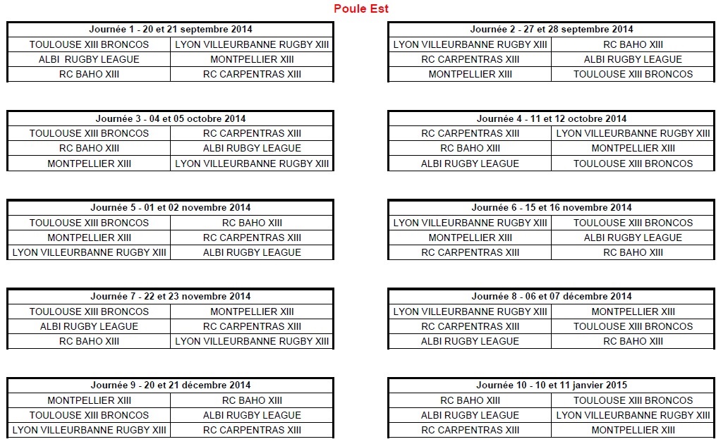 Calendrier 2014-2015 Elite 2 Est
