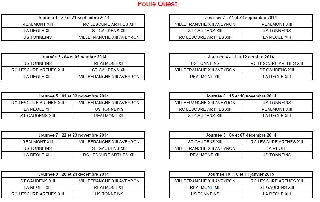 Calendrier 2014-2015 Elite 2 Ouest