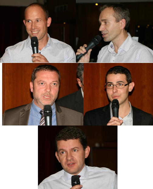 De gauche à droite, et de haut en bas : Charles LEFEVRE (Directeur VINCI ENERGIES SUD-OUEST), Philippe FORESTIER (Chef d’entreprise CEGELEC TOULOUSE), Jean-Luc NOJAC (Chef des Ventes Sociétés PEUGEOT TOULOUSE), Nicolas D’ANTONIO (Conseiller en gestion de patrimoine OVP CONSEILS) et Marc CHAPPUIS (Secrétaire Général pour les Affaires Régionales de Midi-Pyrénées à la Préfecture de Région) 20141126 - Photos Nouveaux Compagnons Table Ovale Palladia