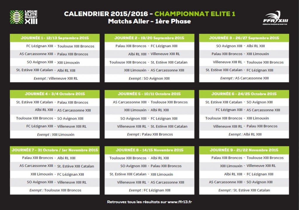 Calendrier Première phase Elite 1 2015/2016 ALLER