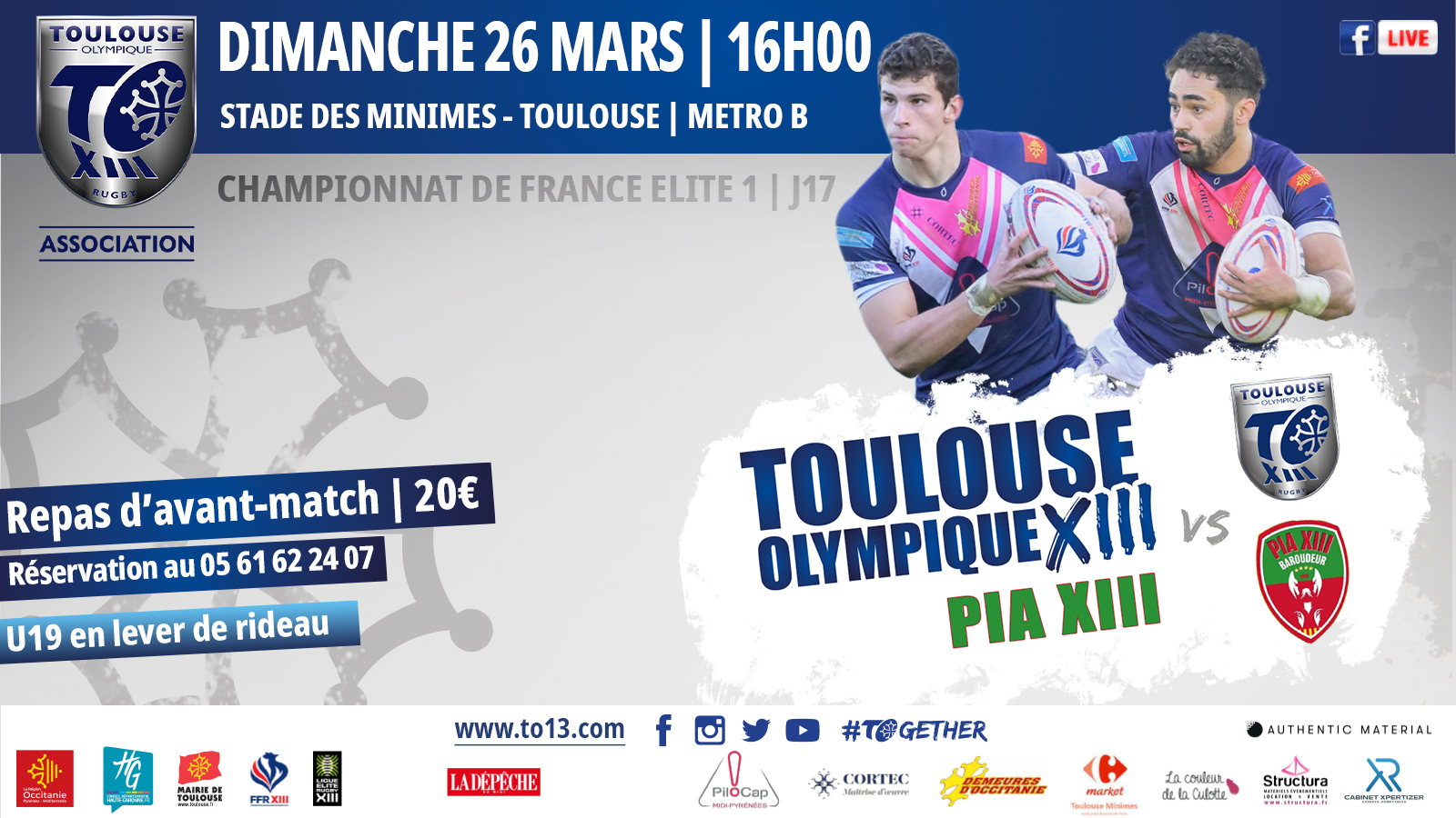 TO XIII ELITE 1 - PIA XIII | Dimanche 26 mars à 16h00 - Toulouse Olympique